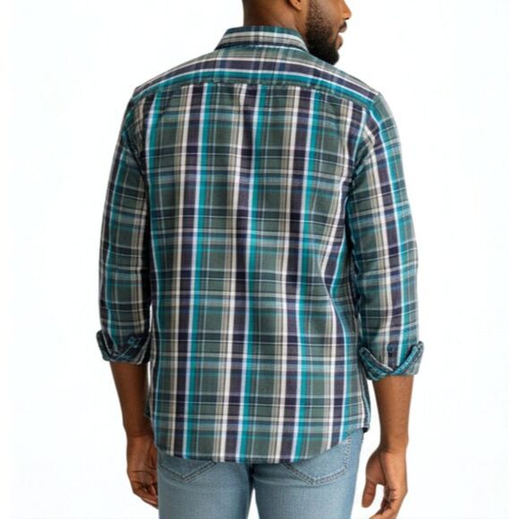 Van Heusen Classic Fit Plaid Checkered Button-Down Shirt Sz XL - Teal Navy Gray - Picture 3 of 13